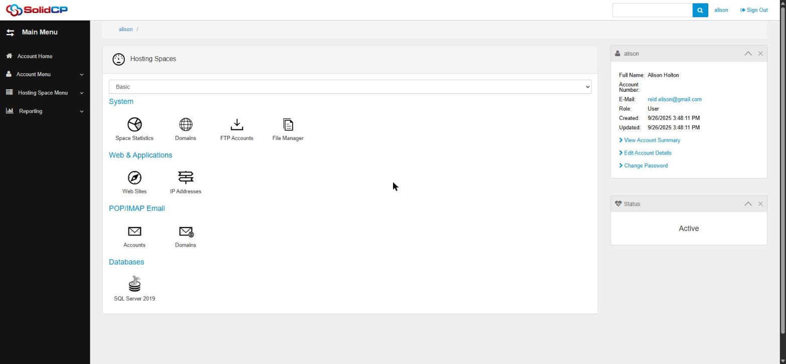 The SolidCP hosting space home page