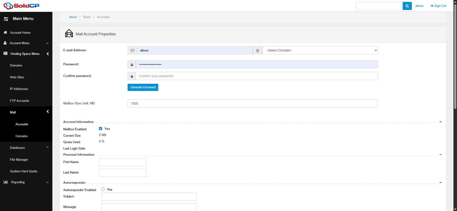 The Create Mail Account form in SolidCP