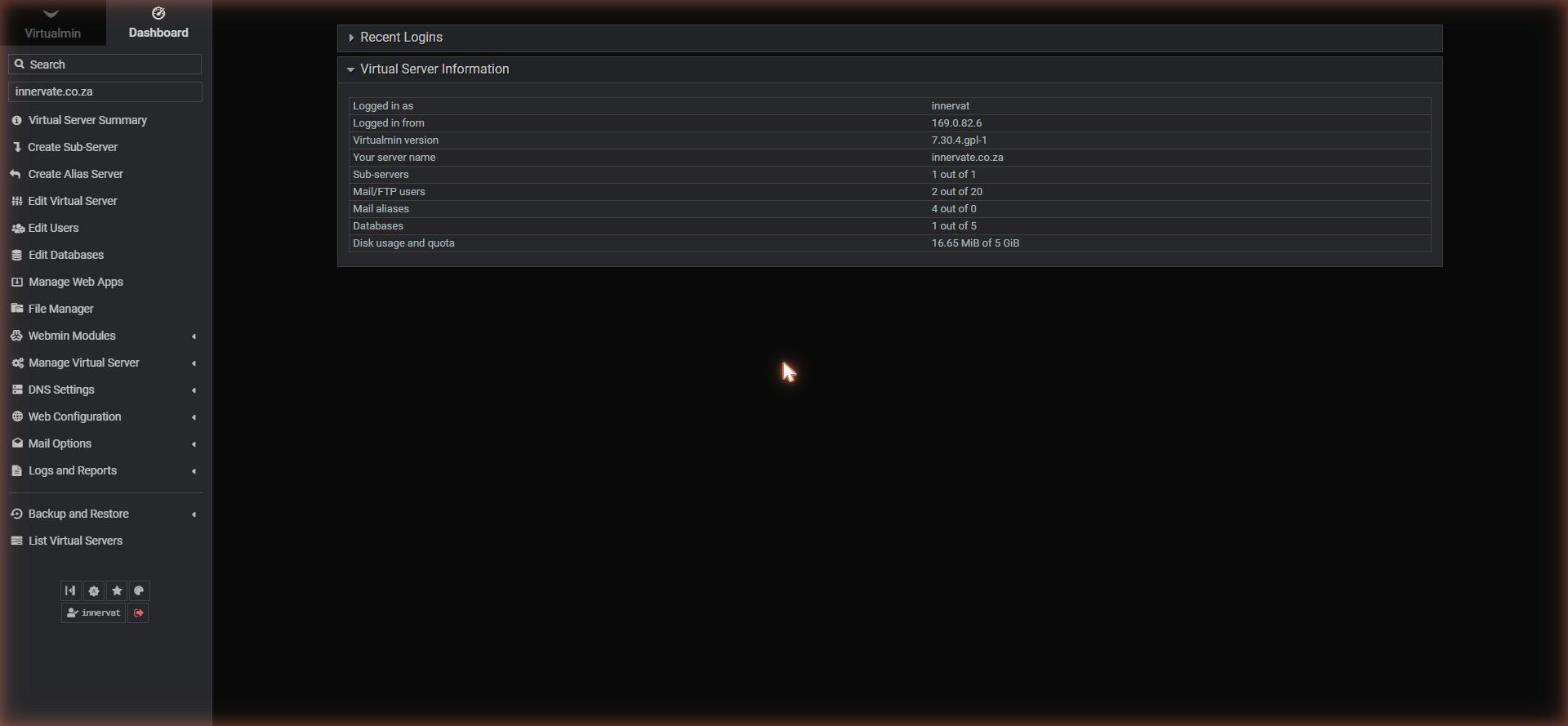 The Virtualmin dashboard and sidebar