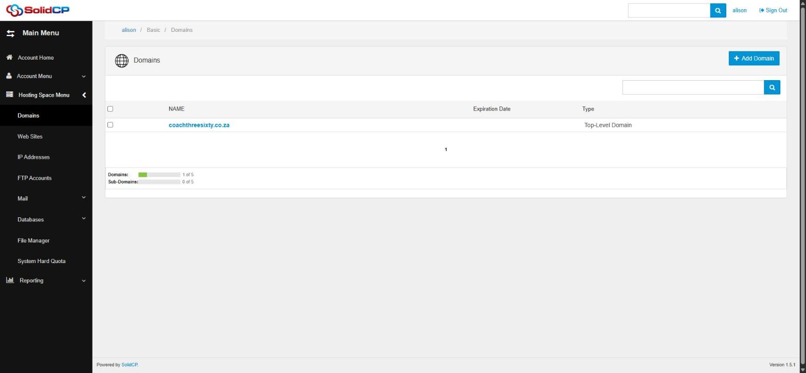 The Domains page with the Add Domain button and sub-domain quota