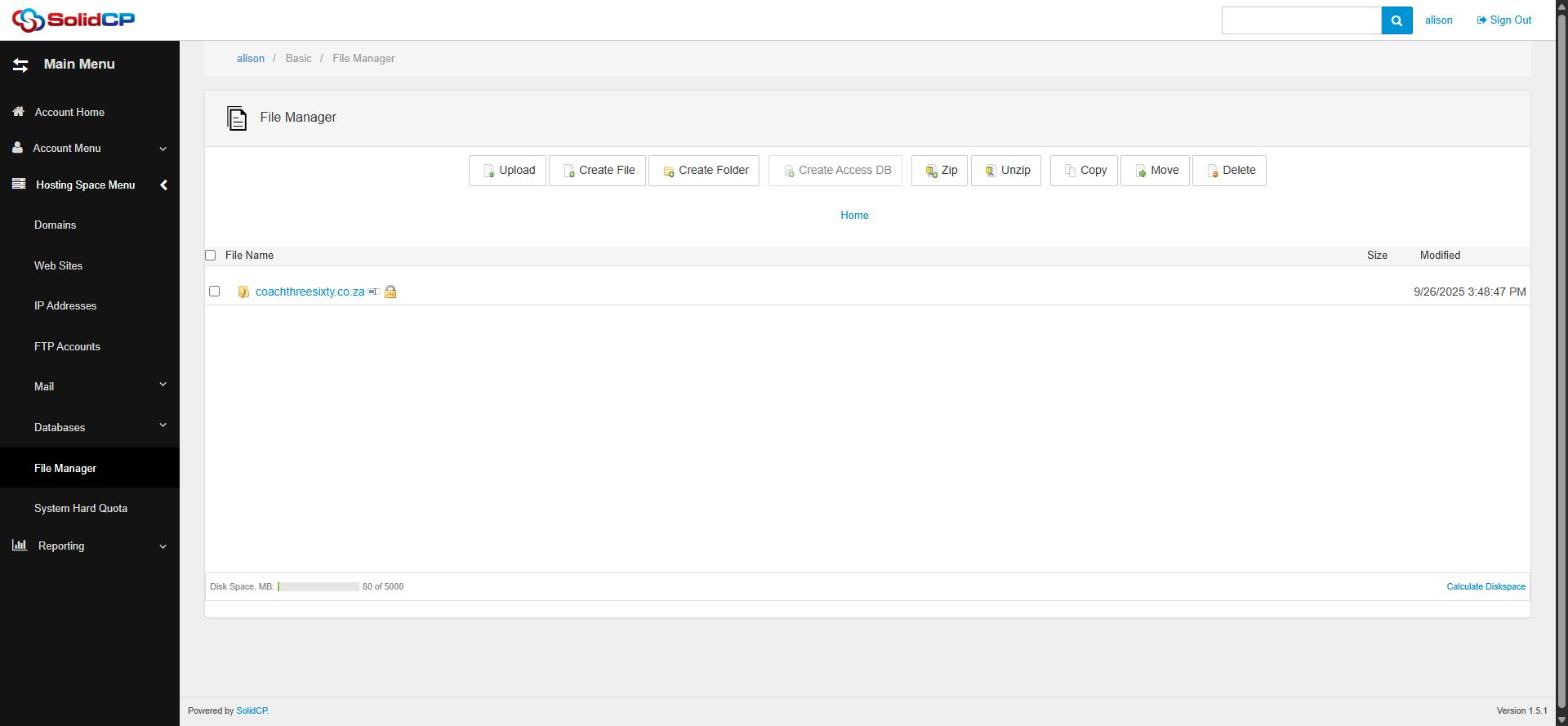 The SolidCP File Manager with its toolbar