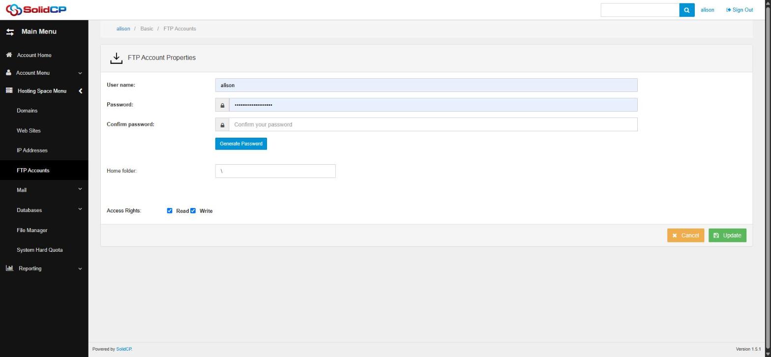 The FTP Account Properties form in SolidCP