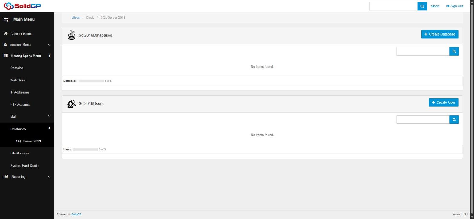 The SQL Server 2019 page with Create Database and Create User