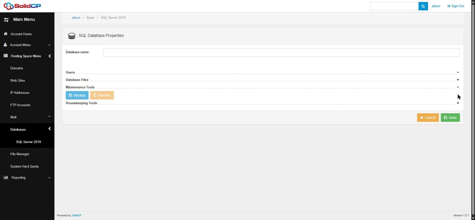 A database's Maintenance Tools section with Backup and Restore buttons