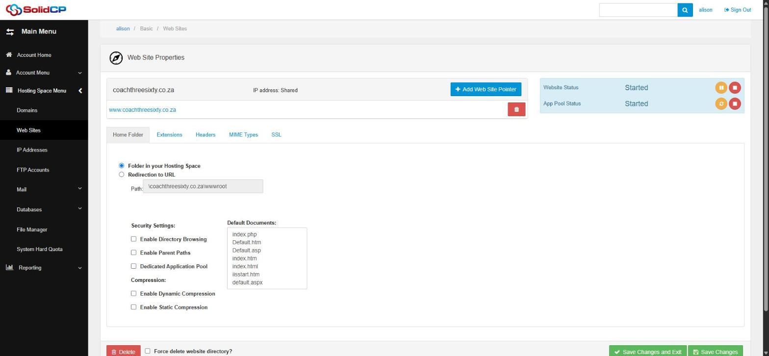 Web Site Properties showing status, pointers and the Home Folder tab