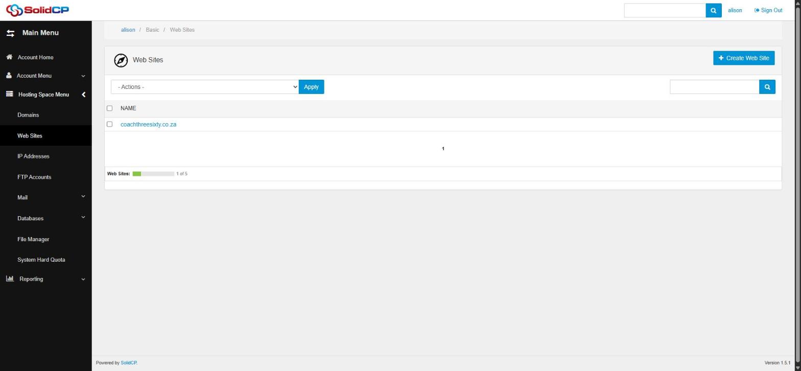 The Web Sites list with the Create Web Site button