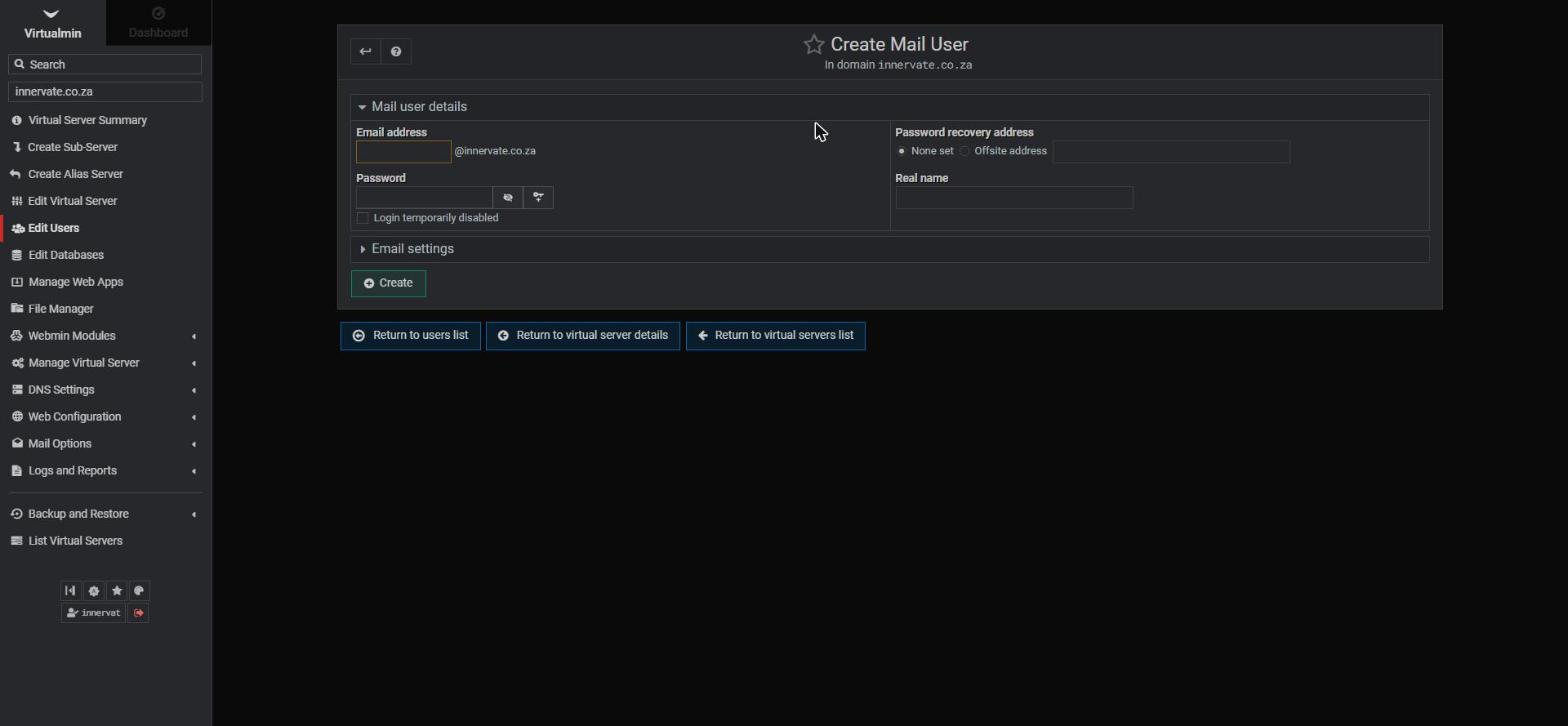The Create Mail User form in Virtualmin