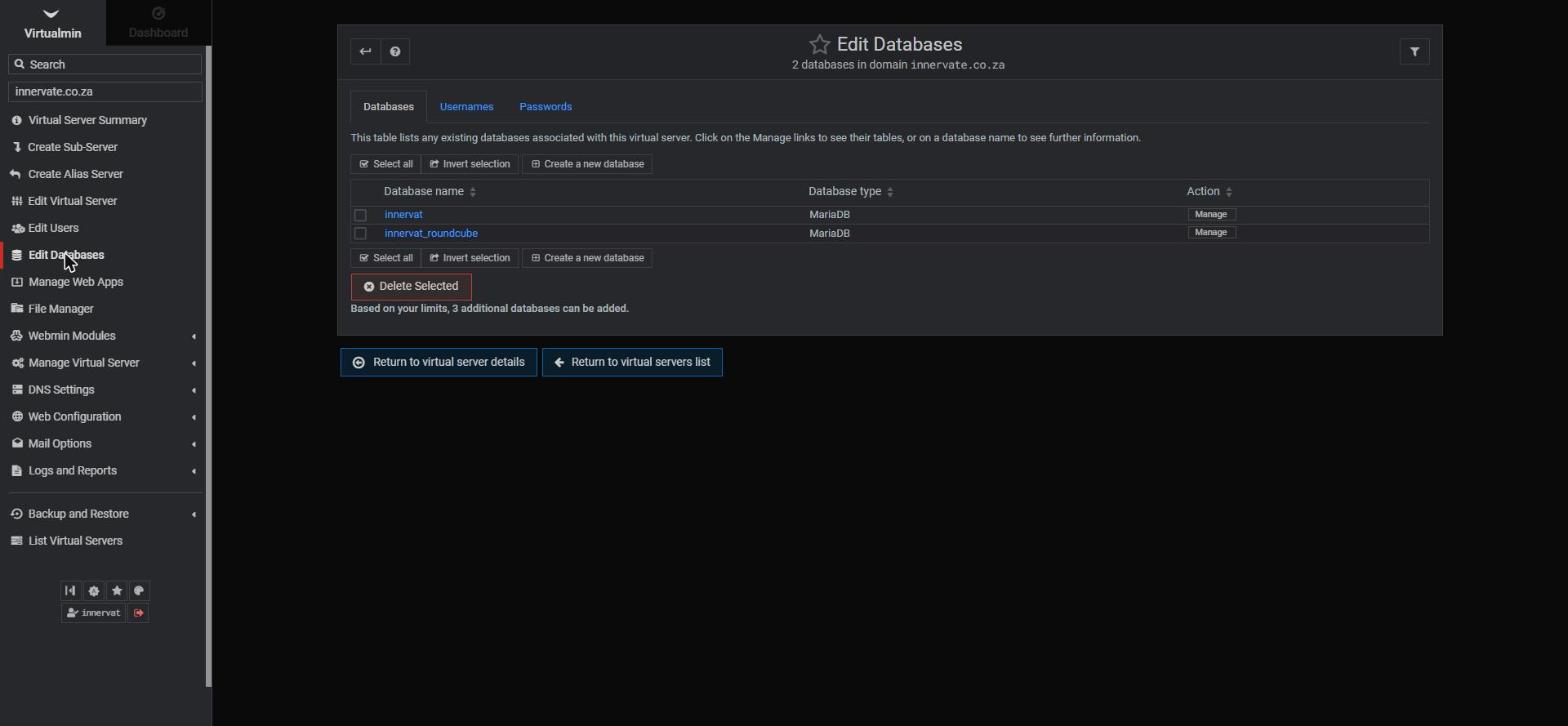 The Edit Databases page listing MariaDB databases