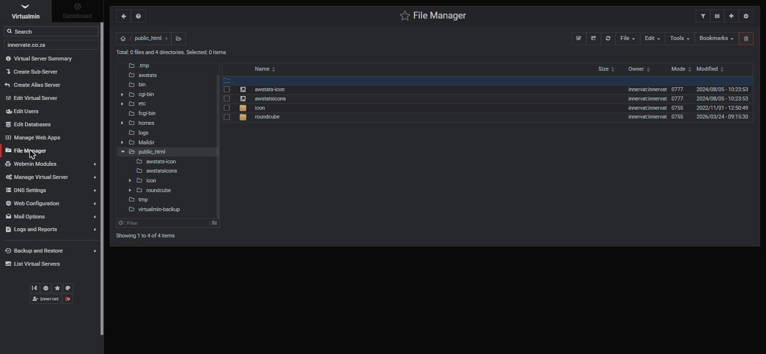 The Virtualmin File Manager showing public_html