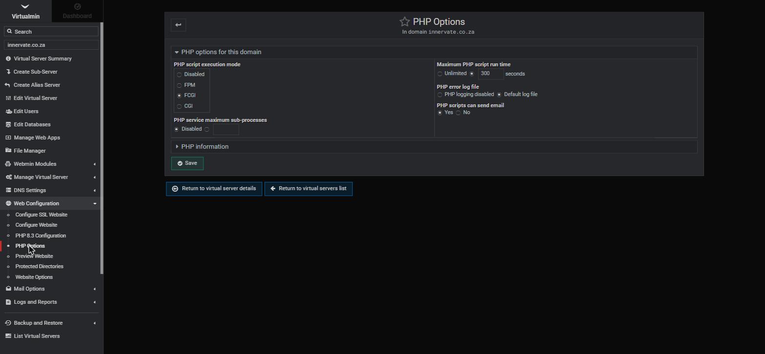 The PHP Options page for a domain