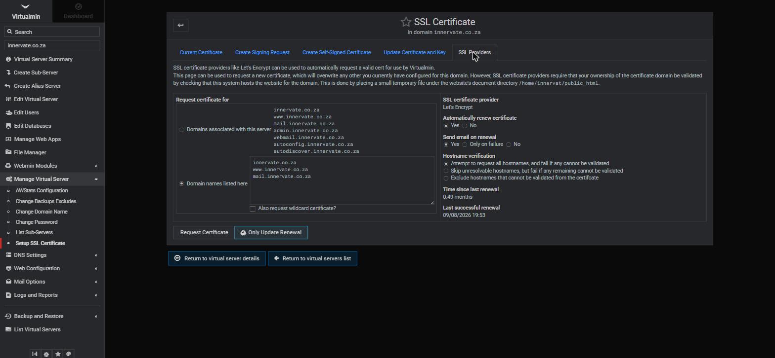 The SSL Providers tab where a Let's Encrypt certificate is requested
