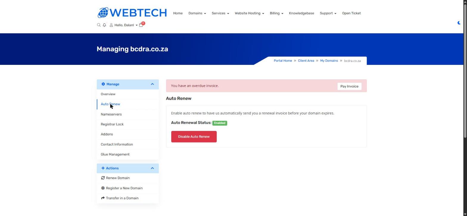 The Auto Renew page showing the current status and toggle button