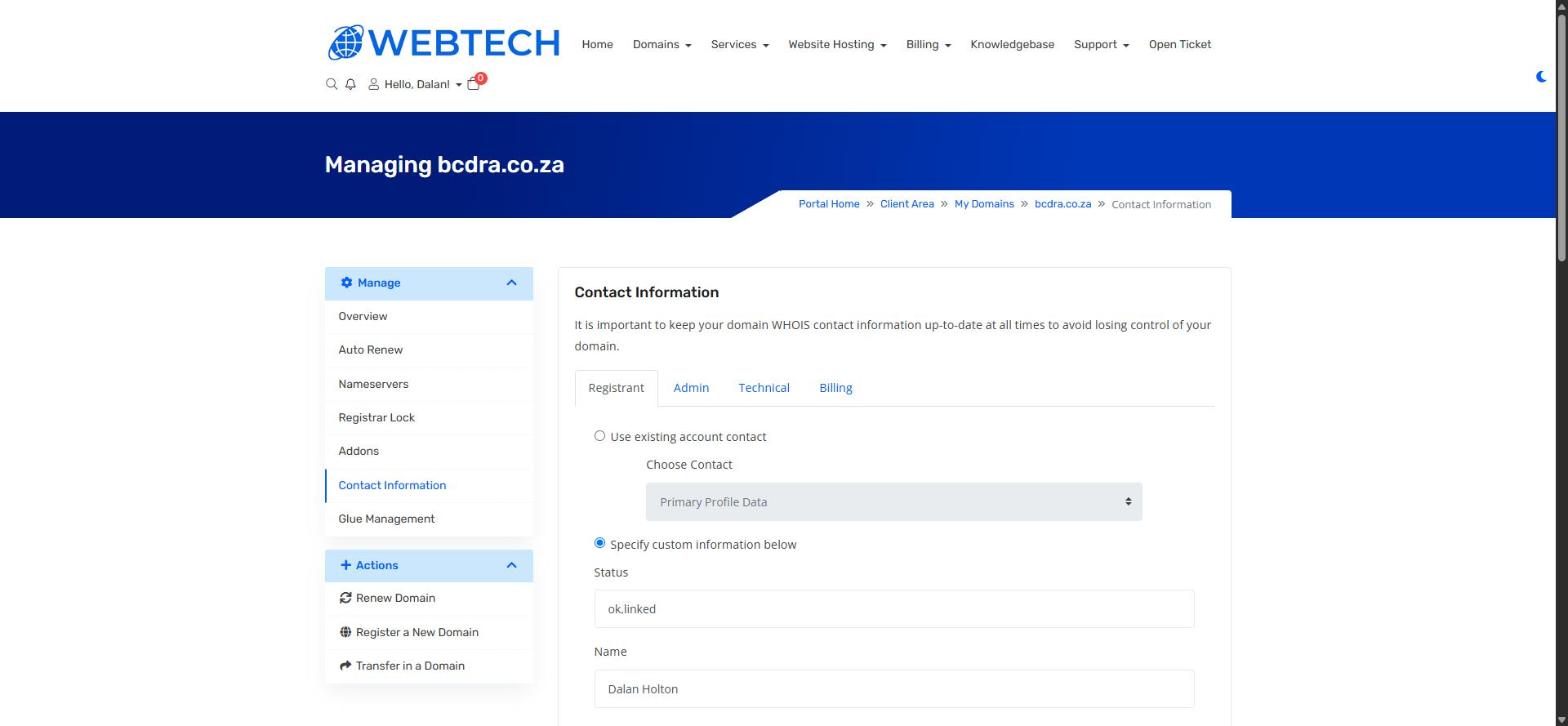 The Contact Information page with Registrant, Admin, Technical and Billing tabs