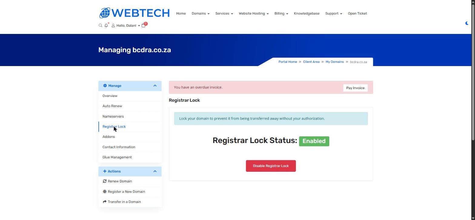 The Registrar Lock page showing the lock status