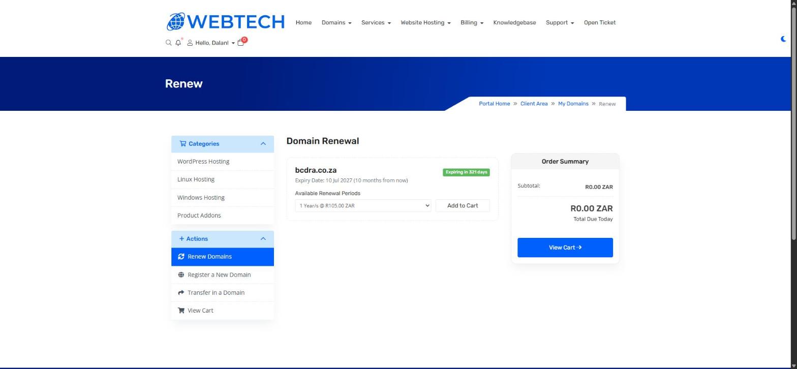 The Domain Renewal page showing renewal periods and Add to Cart