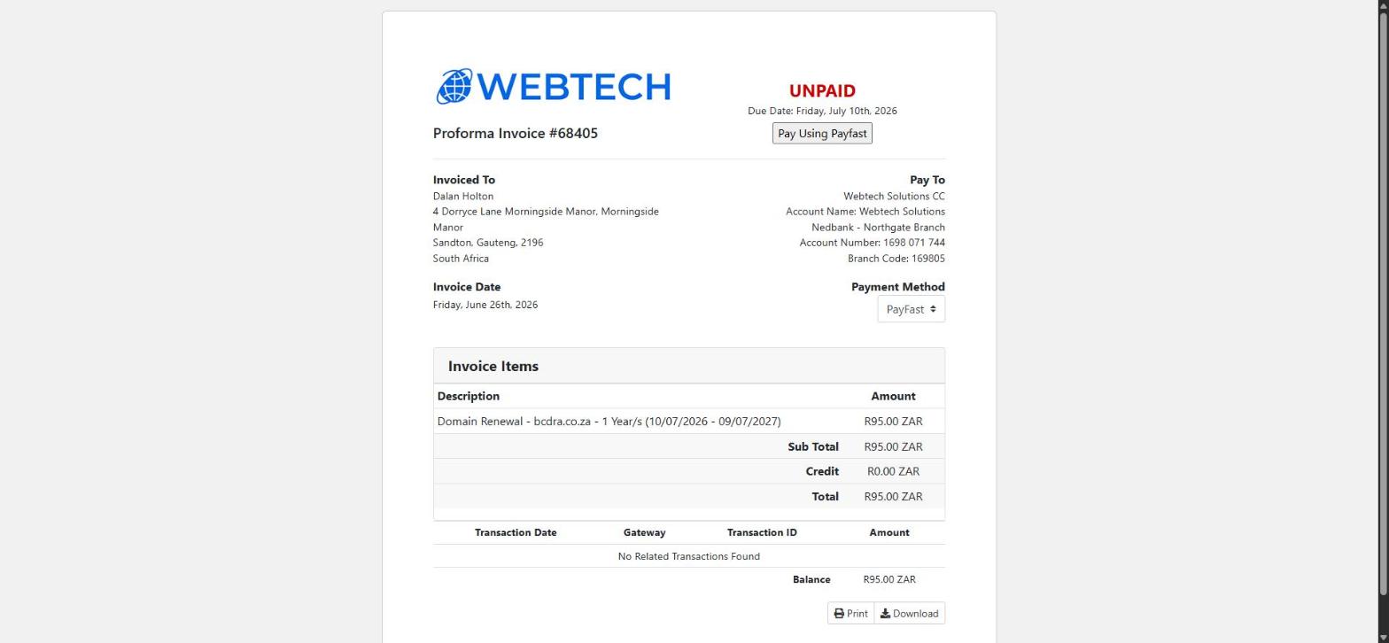 An open invoice showing the Pay Using Payfast button and banking details