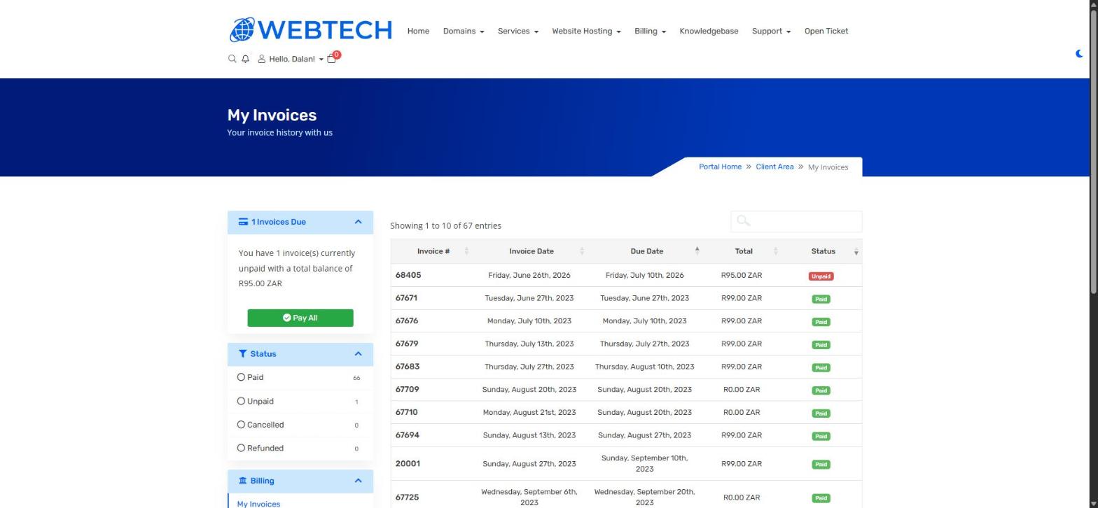 The My Invoices page with status filters