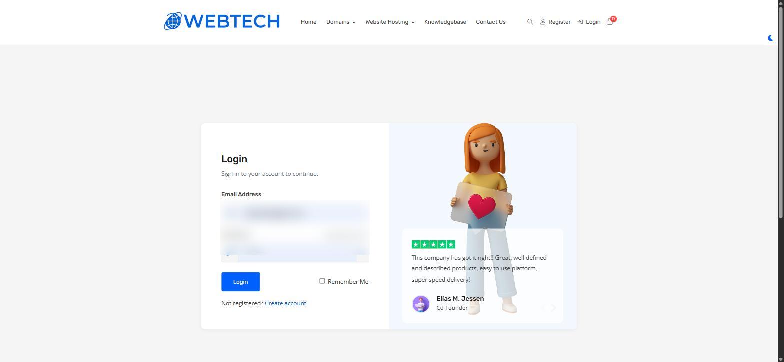The Webtech client area login page