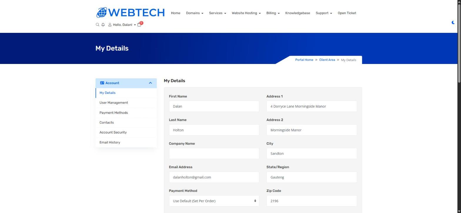 The My Details page