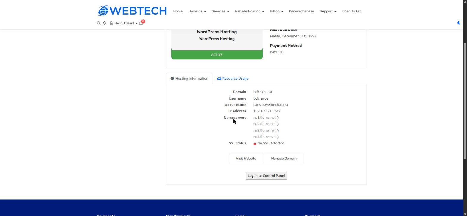 The product page showing hosting information and the Log in to Control Panel button