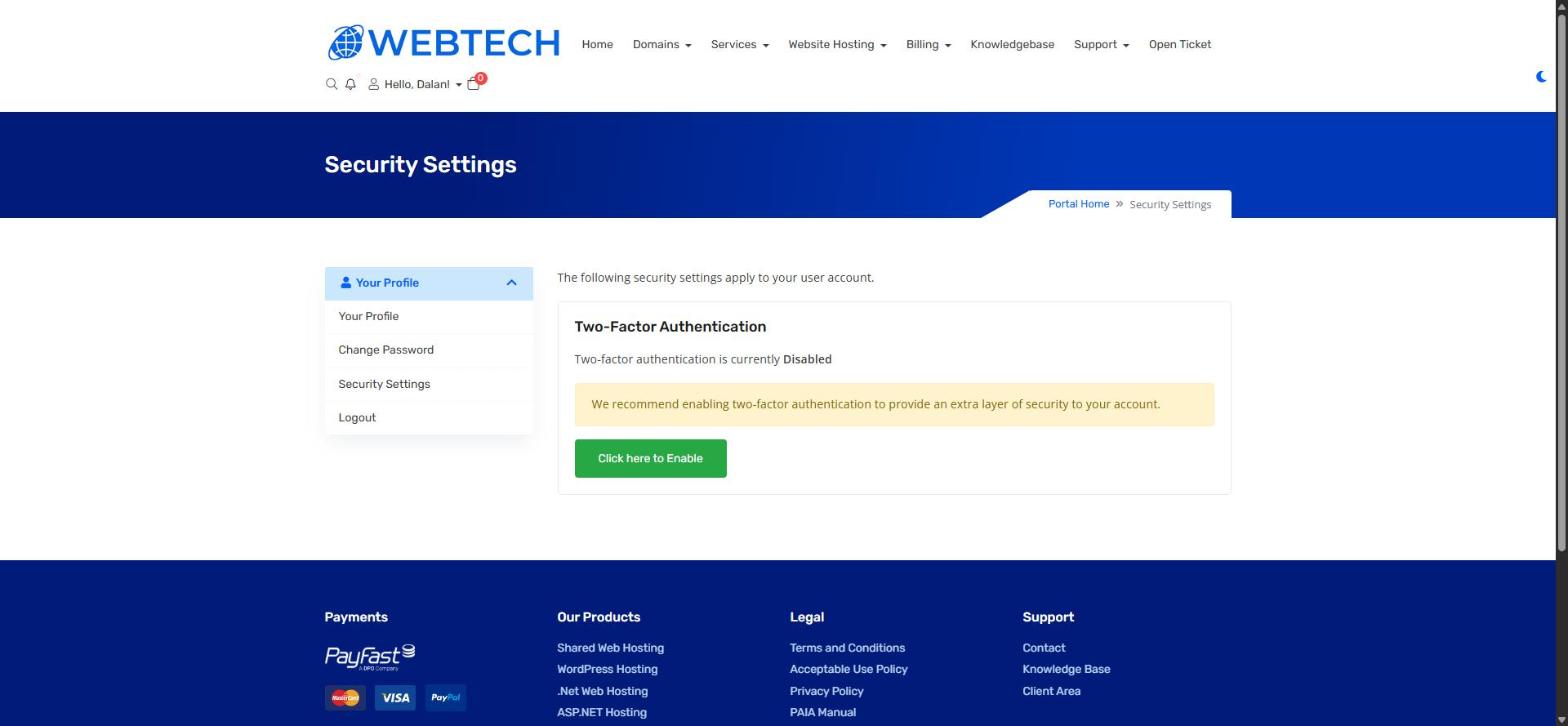 The Security Settings page with Two-Factor Authentication
